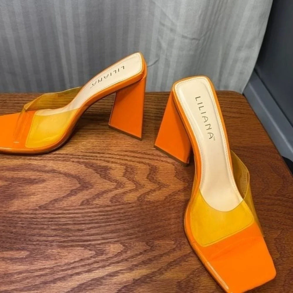 Lilliana orange see through pump sandal heel size 9 mules‎ triangle heel bold - Picture 2 of 6